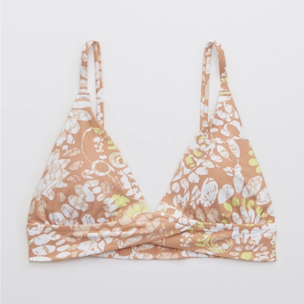 Aerie Sands Tan White Floral Print Crossover Triangle Bikini Top Size Medium